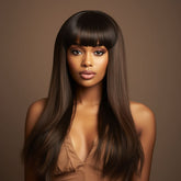 18 Inch Medium Long Natural Sienna Brown Long Straight Wig With Bangs